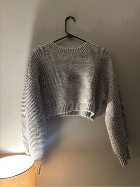 Garage Gray Cropped Rib-Knit Crewneck Sweater